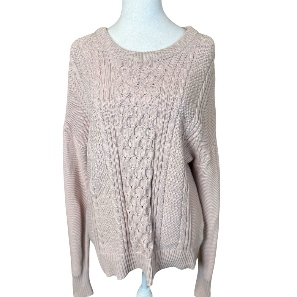 GAP Women's Cable Knit Sweater Size Med Blush Pink Taupe 100% Cotton‎ Fisherman